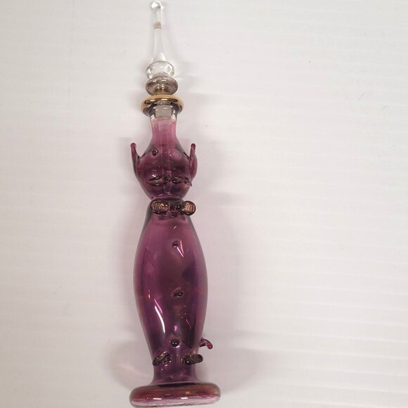 Perfume Bottle Vintage Egyptian Hand Blown Purple Gold Accents Stopper 6'' - Picture 7 of 7